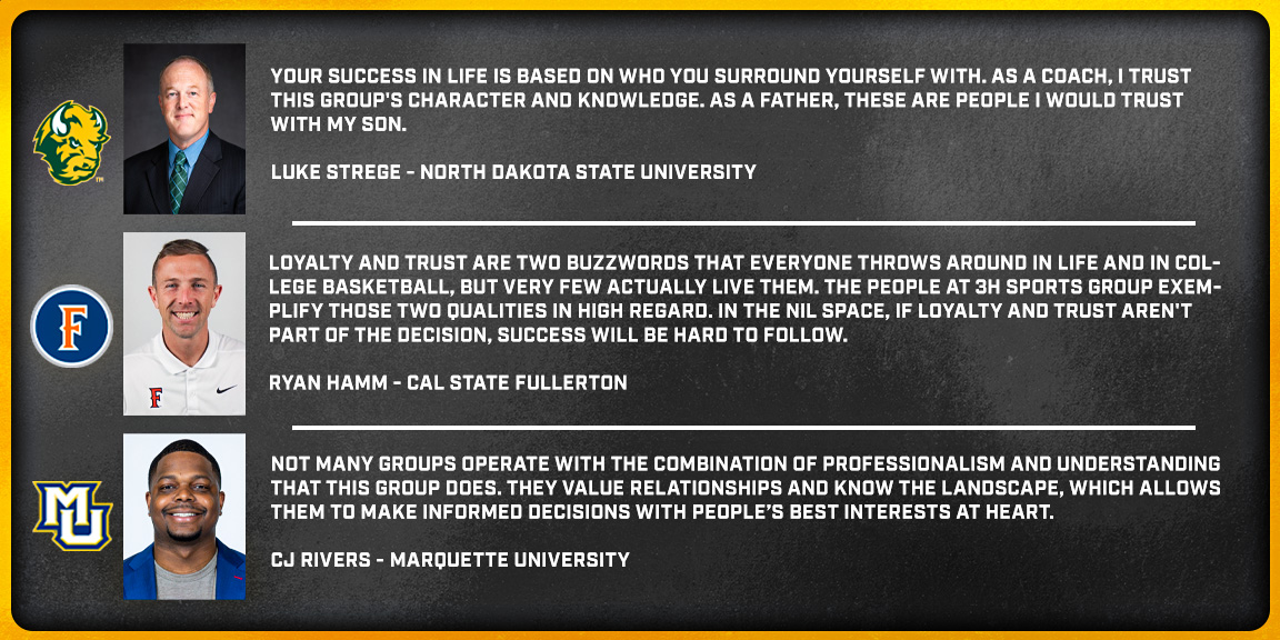 Testimonials from coaches Luke Strege, Ryan Hamm, and CJ Rivers about 3H Sports Group