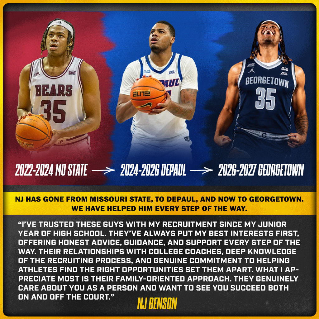 NJ Benson's journey from Missouri State to DePaul to Georgetown, with his testimonial about 3H Sports Group